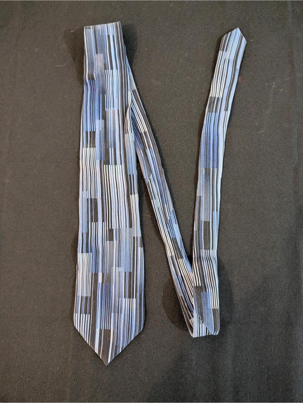 Emilio Pucci 100% Silk Hand Made Striped Necktie Blue Black Gray